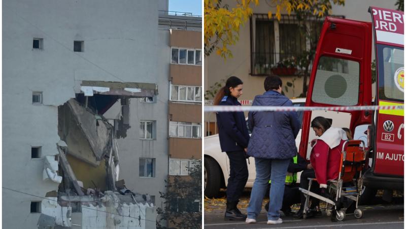 colaj foto cu blocul cu explozia si cu ambulanta rosie smurd