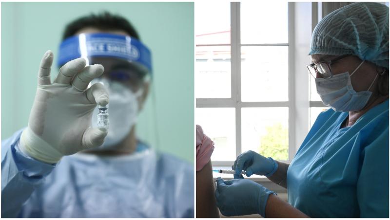 Un medic care pregătește vaccinul antigripal pentru a vaccina o femeie