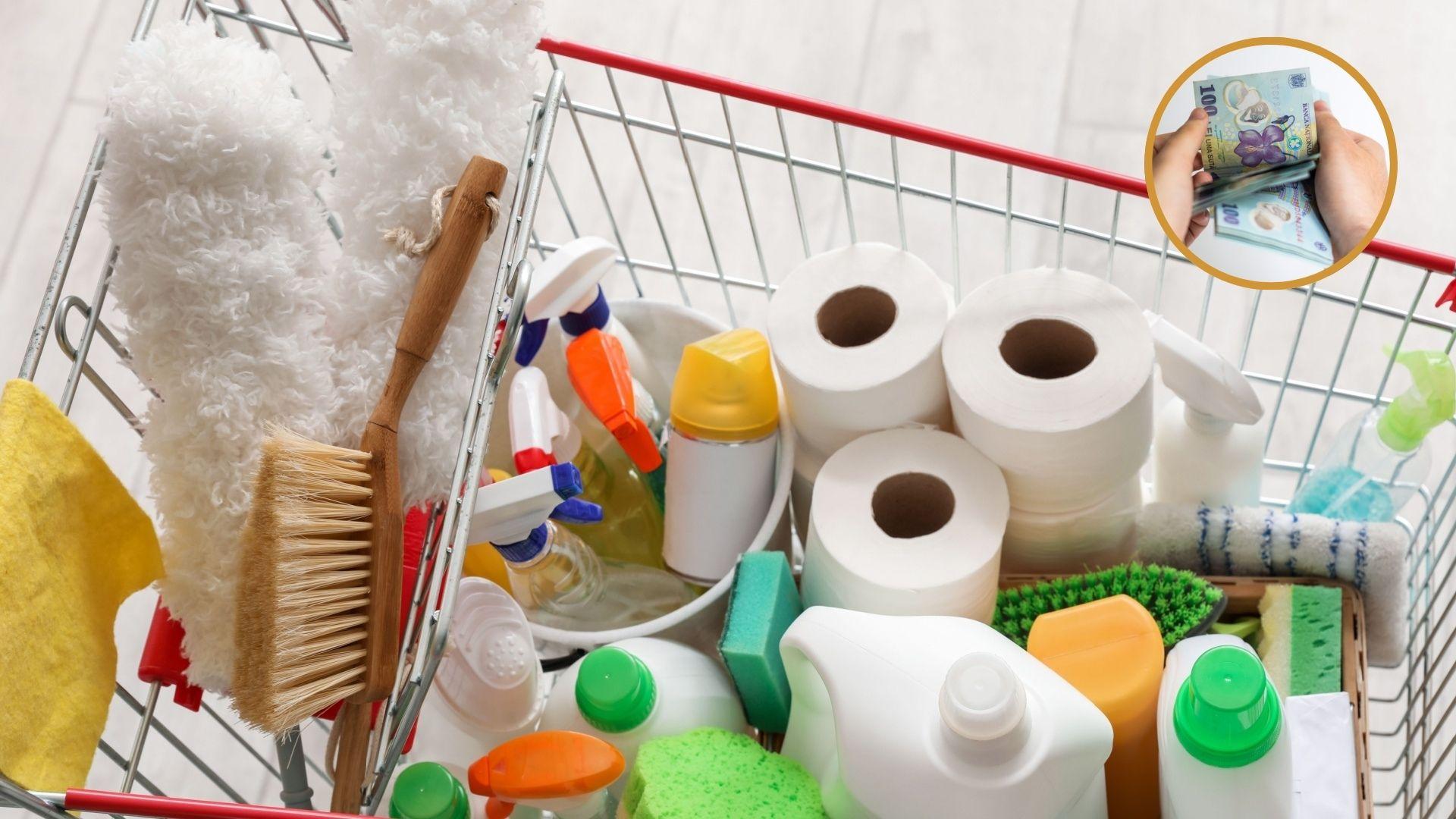 Un coș plin cu produse de uz casnic și o imagine inserată într-un cerc cu mâinile unui bărbat care numără bani