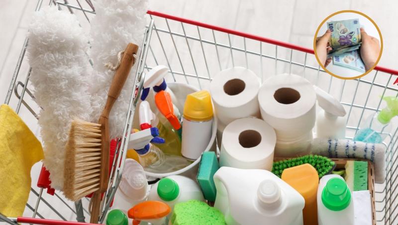 Un coș plin cu produse de uz casnic și o imagine inserată într-un cerc cu mâinile unui bărbat care numără bani