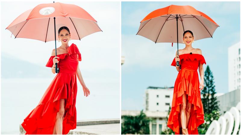 Colaj cu Irina Fodor într-o rochie roșie și cu umbrelă