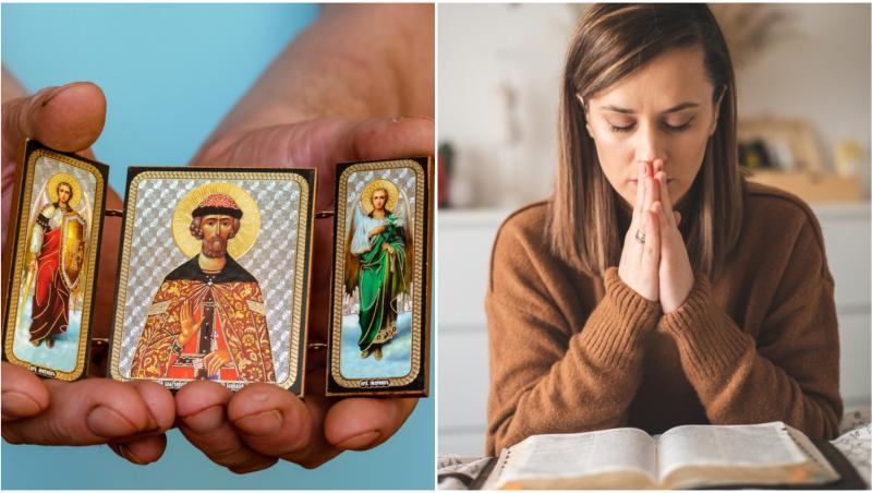 Icoana cu Sfântul Dumitru și o tânără care rostește o rugăciune citind din Biblie