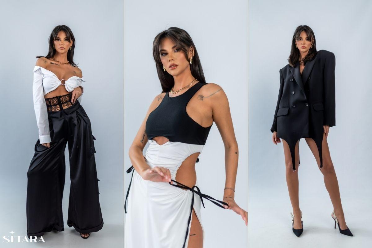 Colaj cu Ramona Olaru în trei ipostaze diferite cu hainele brandului său