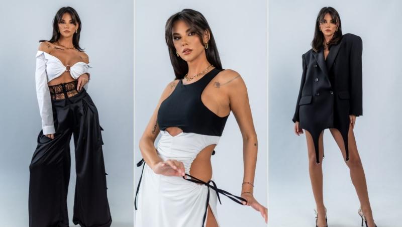 Colaj cu Ramona Olaru în trei ipostaze diferite cu hainele brandului său