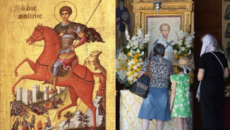 colaj icoană sfântul dimitrie și creștini care se închină în biserică la icoane