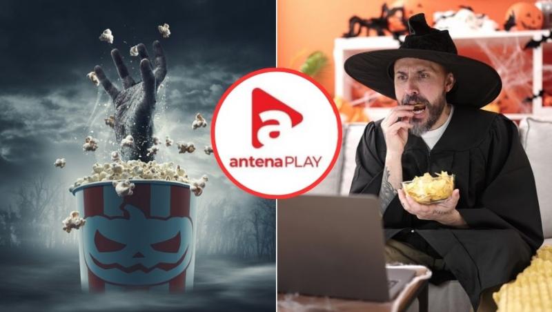 coaj mână care iese dintr-un vas cu popcorn, bărbat în costum de halloween care se uită la filme pe laptop în timp ce mănâncă popcorn și siglă antenaplay