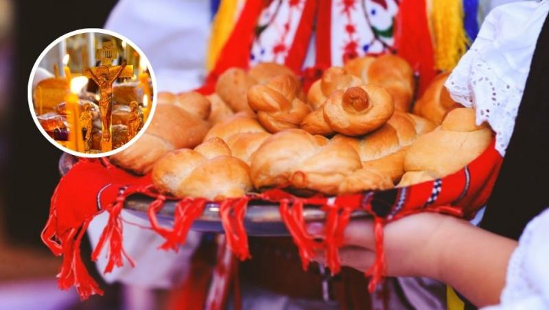 colaj tineri în costum popular ținând o tavă cu pâinici și lumânări aprinse lângă o cruce și pâini