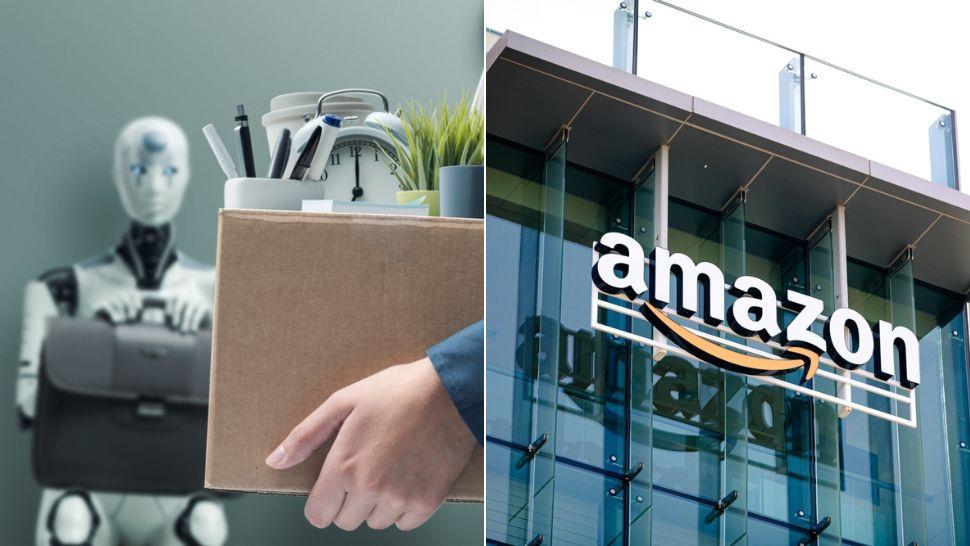 colaj mâini care duc o cutie după concediere și roboți așteptând să dea interviu și sediul amazon