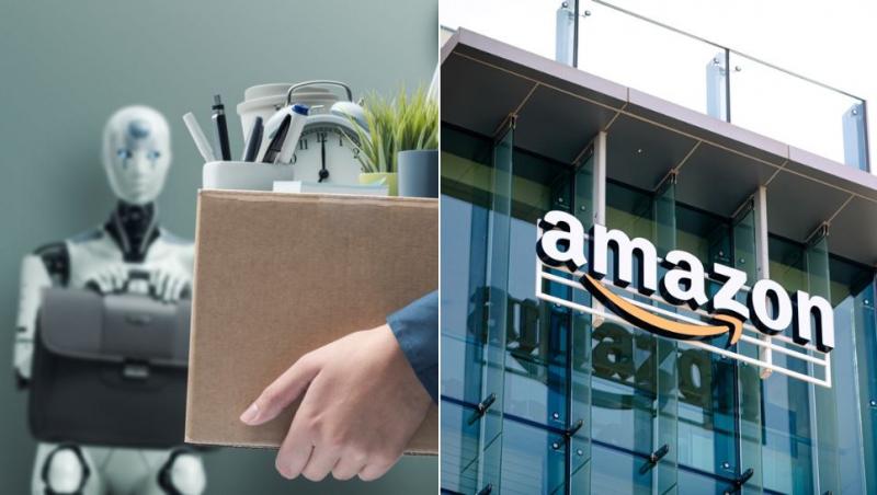 colaj mâini care duc o cutie după concediere și roboți așteptând să dea interviu și sediul amazon