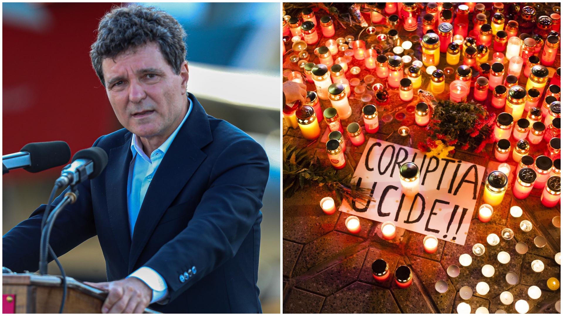 Președintele Nicușod Dan și o poză cu multe lumânări aprinse după incendiul de la Colectiv alături de o foaie pe care scrie „Corupția ucide”