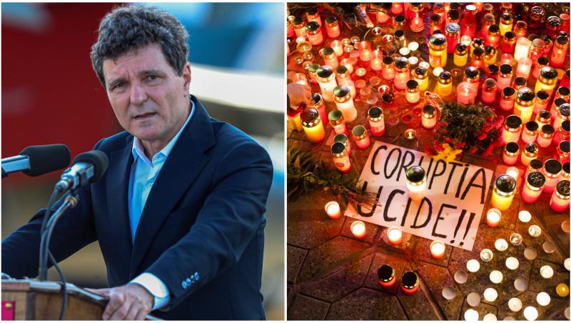 Președintele Nicușod Dan și o poză cu multe lumânări aprinse după incendiul de la Colectiv alături de o foaie pe care scrie „Corupția ucide”