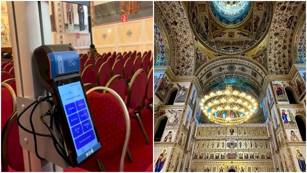 Cum arată POS-uri pentru donații, instalate în Catedrala Mântuirii Neamului. Unul se află chiar la altar
