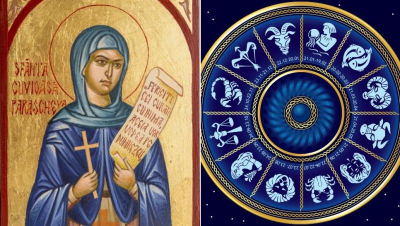 colaj icoană sfânta parascheva și semnele zodiacale dispuse în cerc
