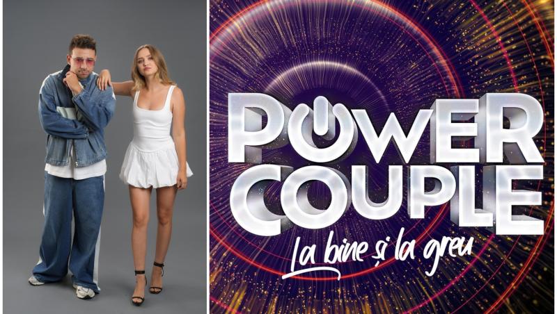 colaj foto cu andrei niculae si iubita lui si sigla emisiunii power couple romania