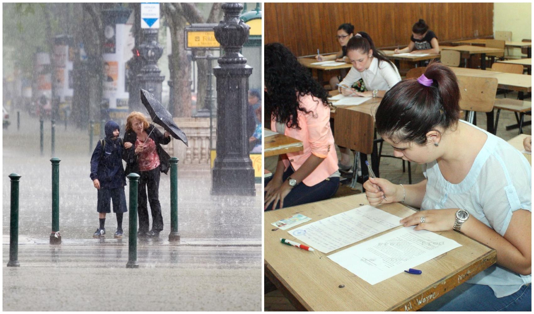 imagine cu ploaie torentiala si cu elevi la scoala