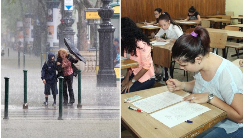 imagine cu ploaie torentiala si cu elevi la scoala