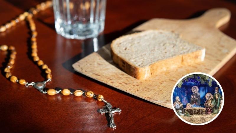 colaj mătănii, paha rcu apă și o felie de până și scenă a nativității