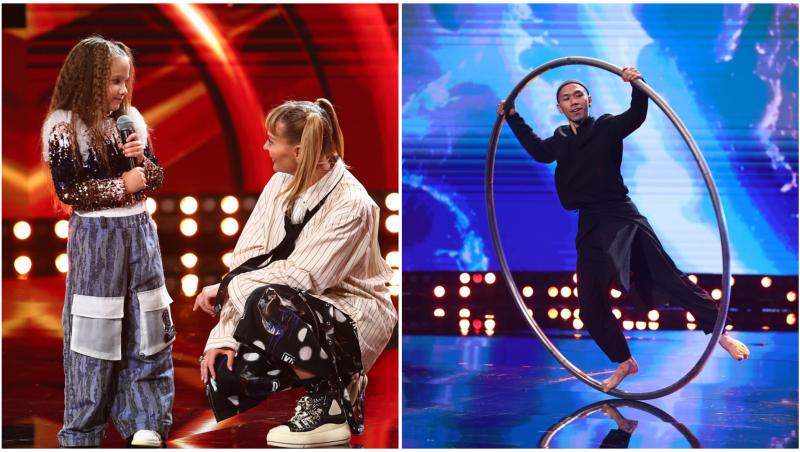 Delia, o fetiță care a concurat la The Ticket și un alt concurent care ține un cerc de circ &icirc;n m&acirc;nă pe scenă