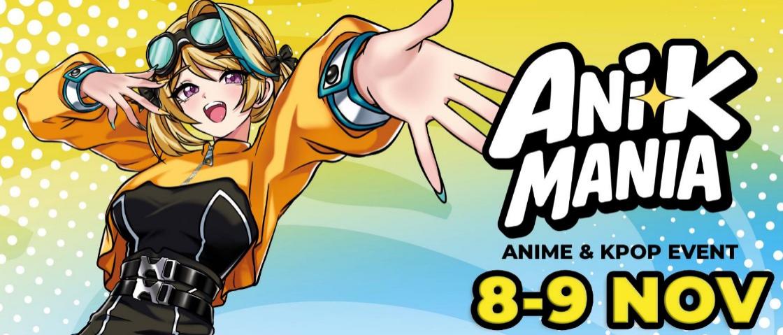 Un poster cu un anime care anunță Ani-K Mania, prima convenție dedicată universului anime și K-pop dintr-un centru comercial