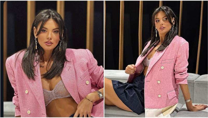 Ramona Olaru îmbrăcată într-o bustieră nude, un sacou roz și o fustă scurtă neagră