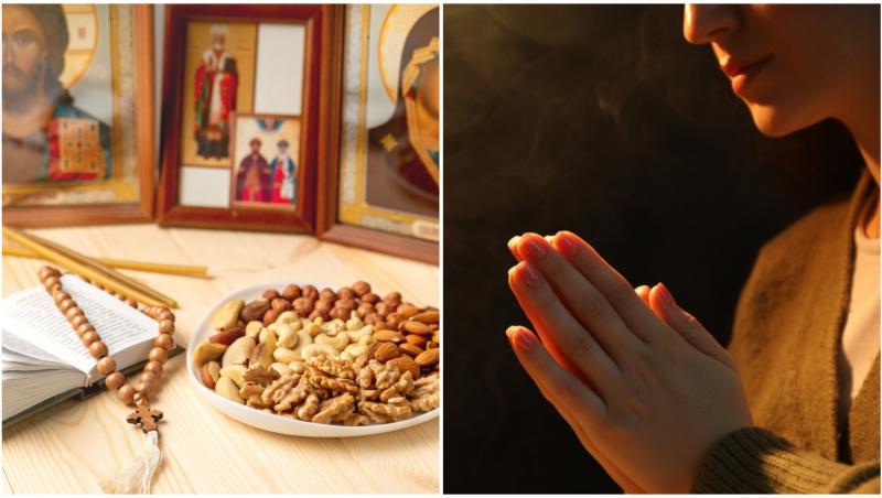 O farfurie cu alune și semințe, o biblie, icoane și un lanț de mărgele cu o cruce alături de o tânără care se roagă