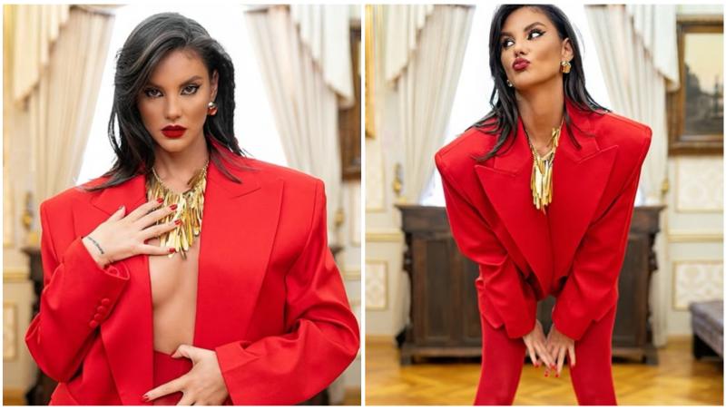 Ramona Olaru în platou la Neatza cu Răzvan și Dani îmbrăcată într-o cămașă albă cu o fustă și o cravată neagră