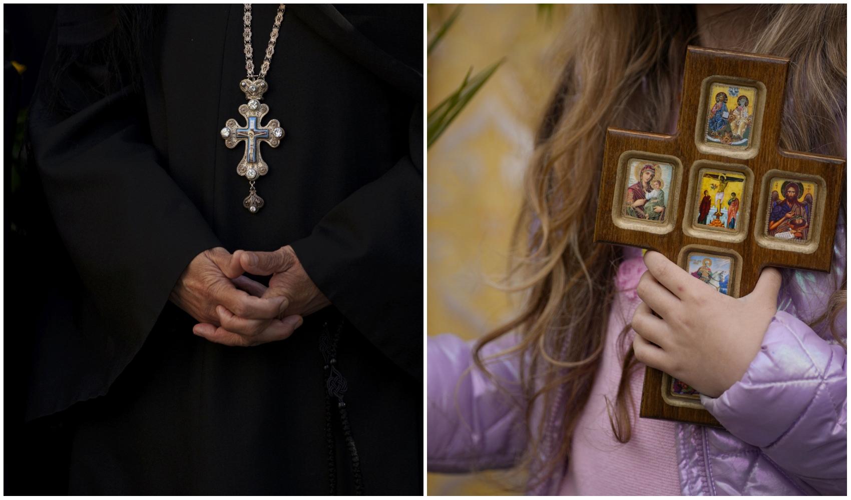 colaj foto cu preot si cu fetita cu cruce in mana si frunze de salcie