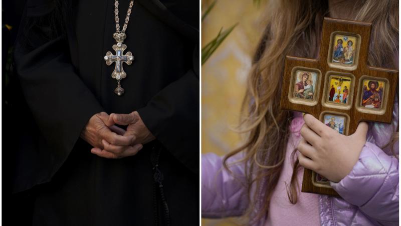 colaj foto cu preot si cu fetita cu cruce in mana si frunze de salcie