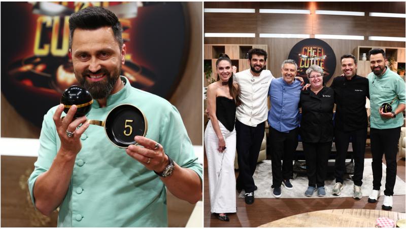 Chef Richard Abou Zaki, Chef Alexandru Sautner, Chef Ștefan Popescu, Chef Orlando Zaharia, Gina Bradea și Irina Fodor &icirc;n platoul Chefi la cuțite