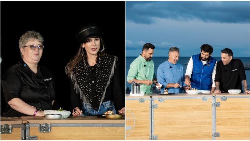 Chef Richard Abou Zaki, Chef Alexandru Sautner, Chef Ștefan Popescu, Chef Orlando Zaharia, Gina Bradea și Irina Fodor &icirc;n platoul Chefi la cuțite