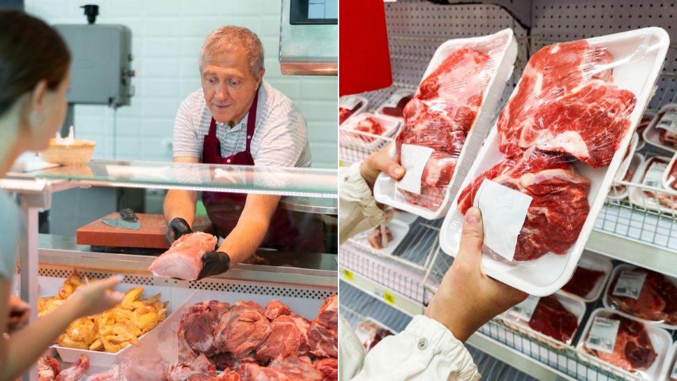 colaj vărbat care îi prezintă unei femei o bucată de carne de porc și mâini care țin două caserole cu carne de porc