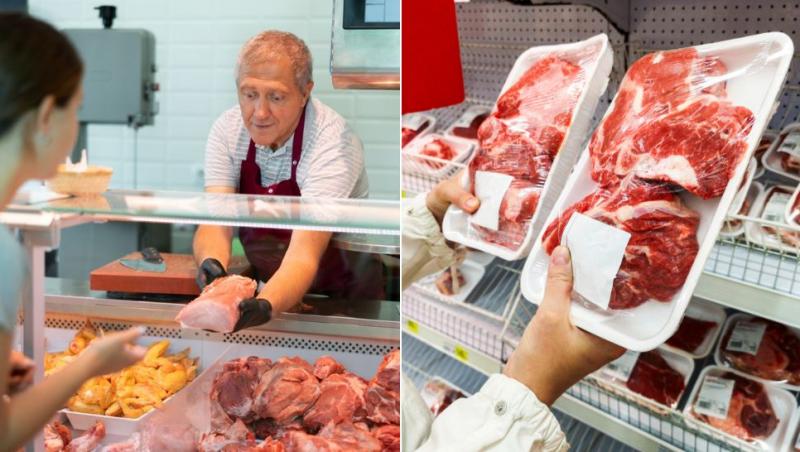 colaj vărbat care &icirc;i prezintă unei femei o bucată de carne de porc și m&acirc;ini care țin două caserole cu carne de porc