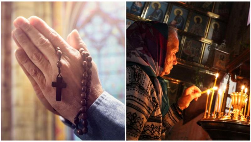 Colaj cu o femeie &icirc;n v&acirc;rstă care aprinde lum&acirc;nări &icirc;n biserică și un bărbat care se roagă
