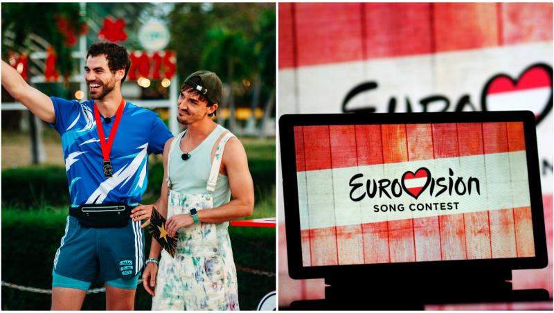 Alejandro Fernandez și Emil Rengle alături de o tabletă cu imaginea competiției Eurovision