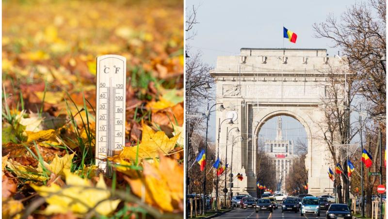 colaj foto cu termometru in frunze si arcul de triumf cu steagurile romaniei