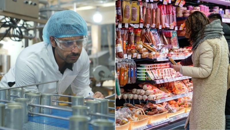 colaj bărbat în laborator, femeie în fața frigiderului cu mezeluri în magazin