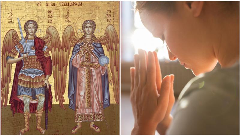 O icoană cu Sfinții Mihail și Gavril și o creștină care se roagă