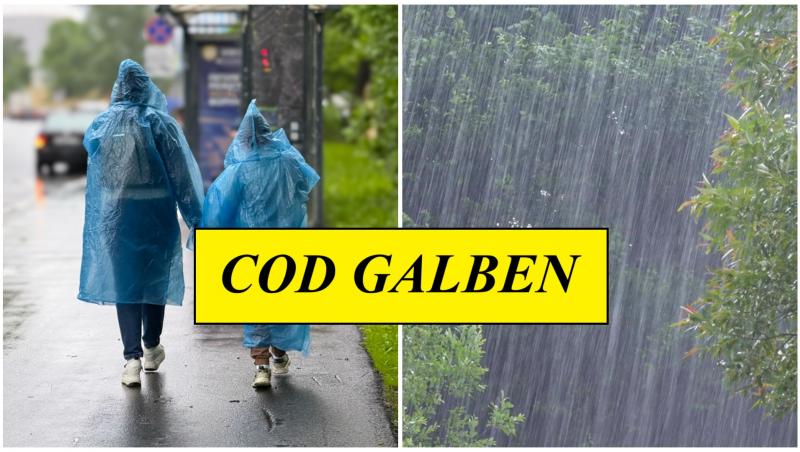 Colaj cu două persoane care poartă pelerină de ploaie și vreme ploioasă