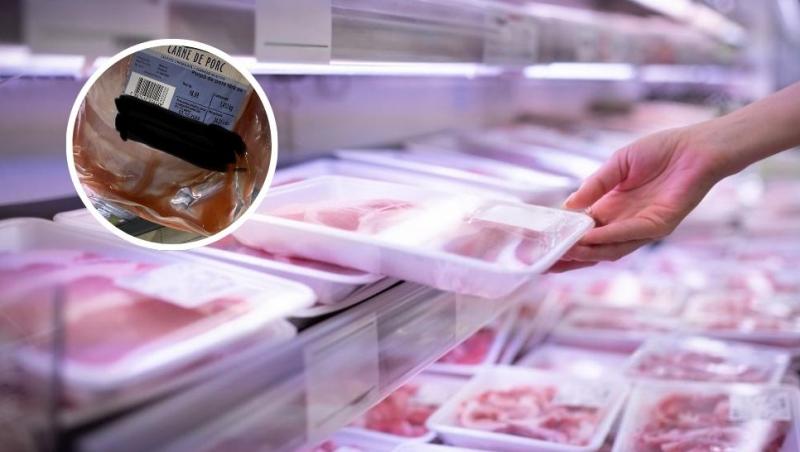 colaj femeie care ia un ambalaj de carne dintr-un frigider de supermarket, ambalaj de carne cu lichid roșiatic