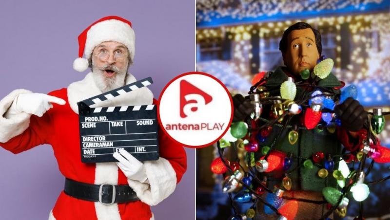 colaj moș crăciun, figurină &icirc;mpodobită cu beculețe luminoase, siglă antenaplay