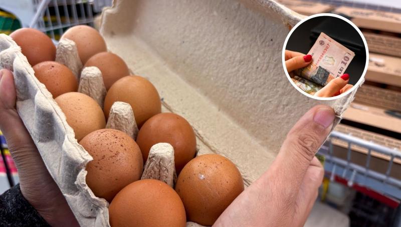 Un cofraj de ouă și o imagine inserată sub forma unui cerc cu mâna unei tinere care numără bancnote de 10 lei