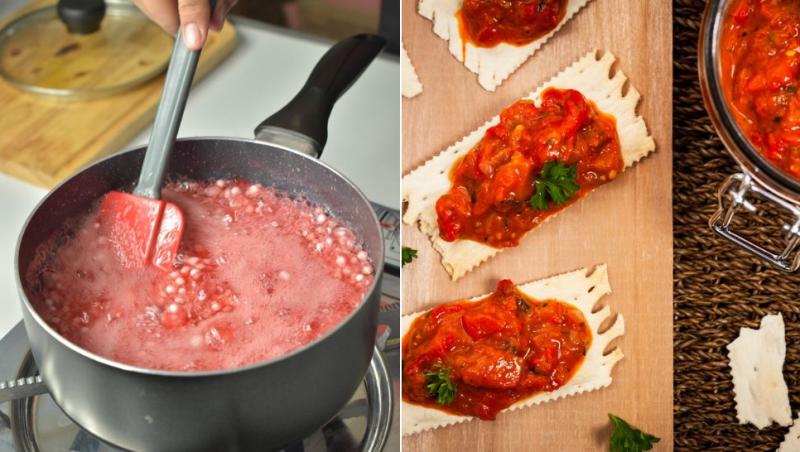 colaj m&acirc;nă care amestecă &icirc;ntr-o cratiță cu sos și sos roșu pe biscuiți sărați