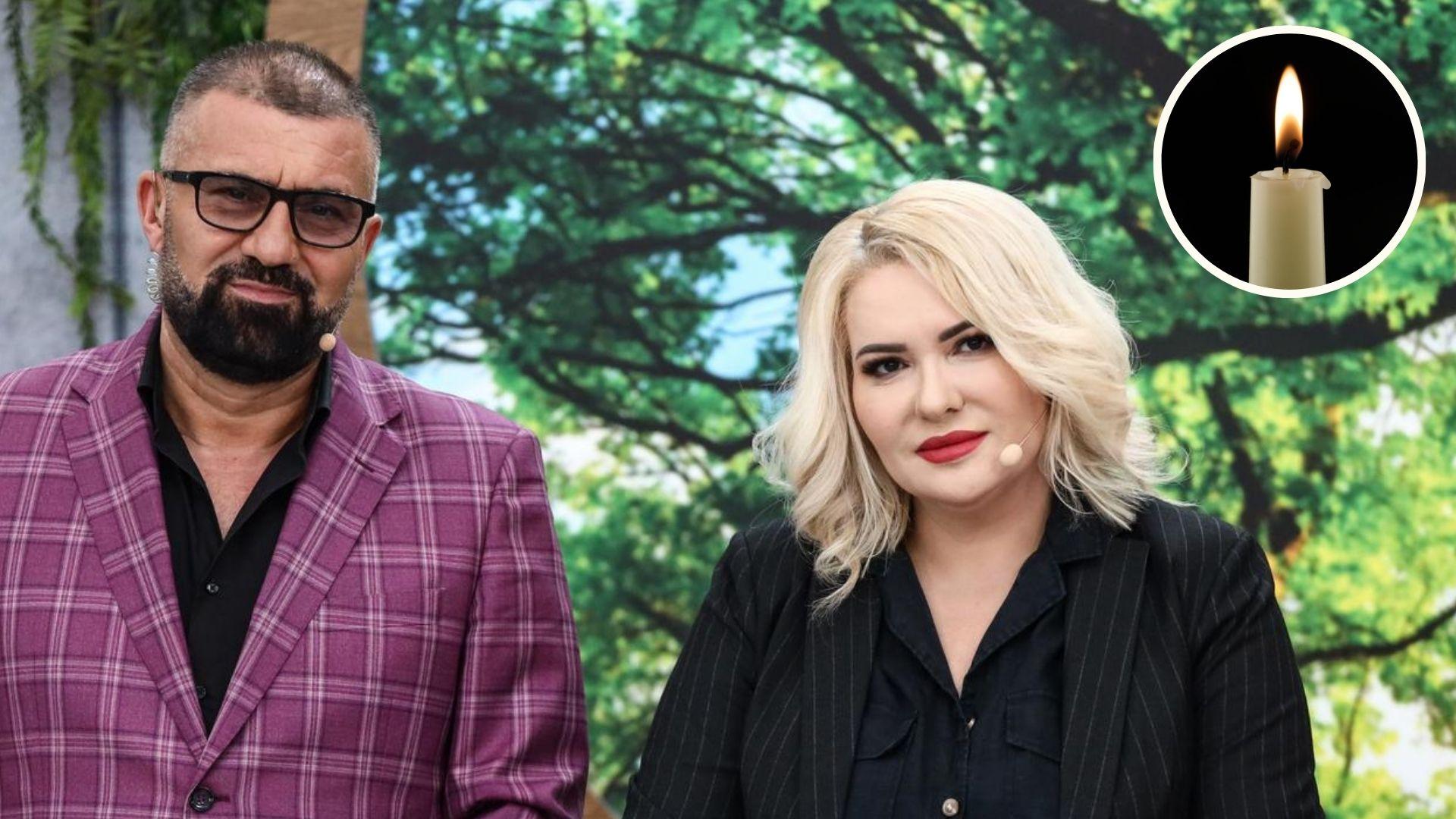 Viorica și Ioniță de la Clejani în platoul Chefi la cuțite, alături de o imagine inserată sub forma unui cerc cu o lumânare aprinsă pe un fundal negru