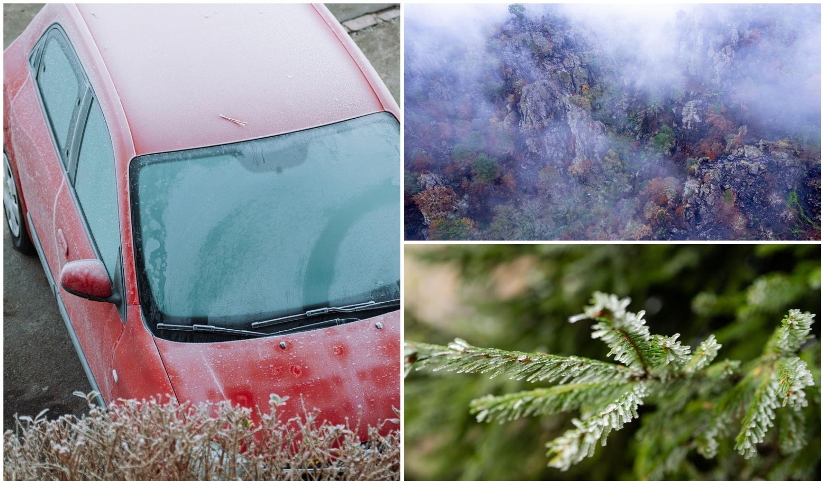 colaj foto cu crengi de brad, masina cu gheata pe ea si vreme de toamna rece la munte