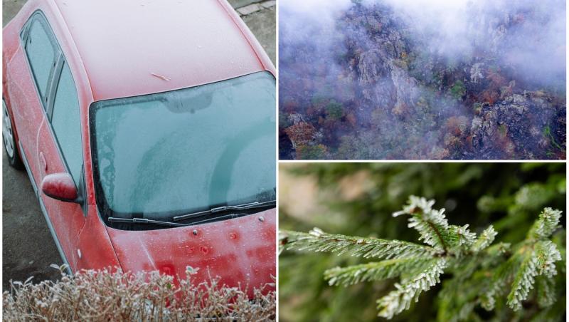 colaj foto cu crengi de brad, masina cu gheata pe ea si vreme de toamna rece la munte
