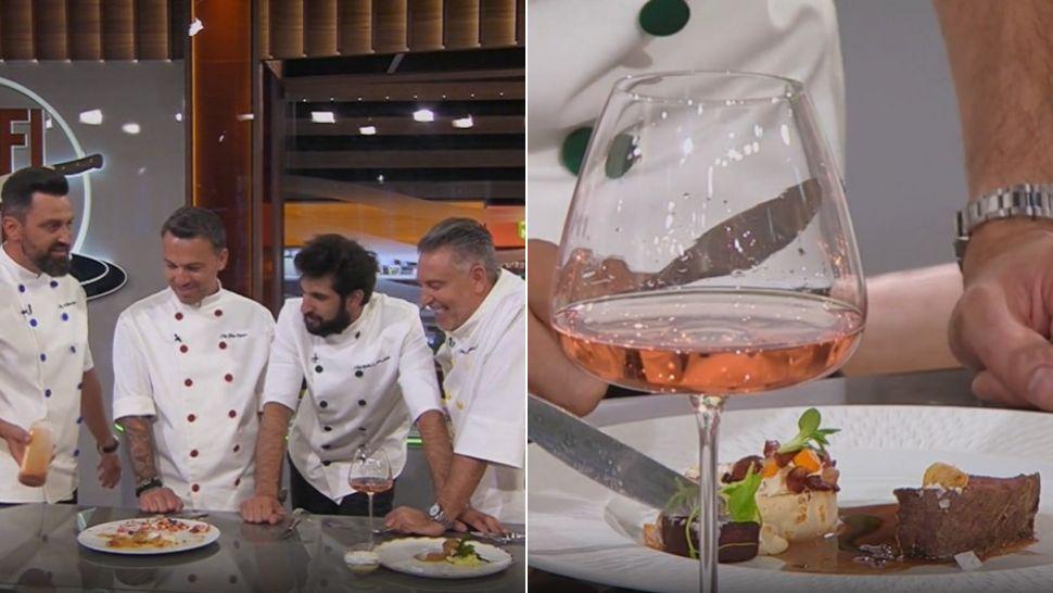 colaj jurații chefi la cuțite sezonul 16 și preparat chefi la cuțite lângă un pahar cu vin roze murfatlar aerosoli