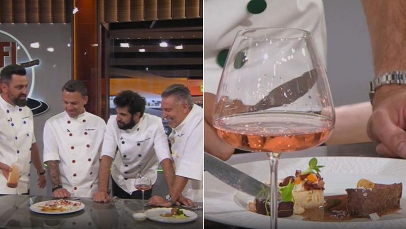 colaj jurații chefi la cuțite sezonul 16 și preparat chefi la cuțite l&acirc;ngă un pahar cu vin roze murfatlar aerosoli