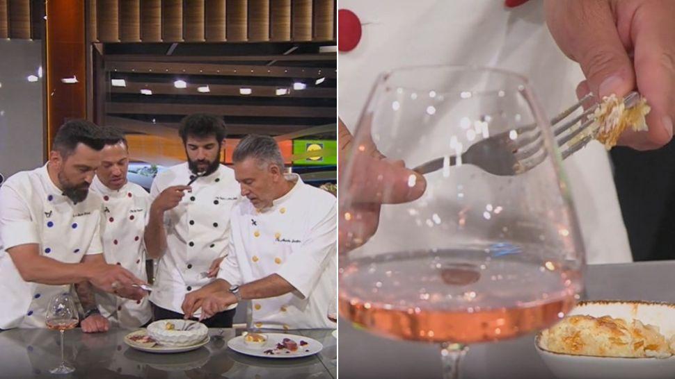 colaj jurații chefi la cuțite sezonul 16 și chef ștefan popescu tăind din plăcinta cu brânză și stafide preparată de echipa verde având lângă un pahar de murfatlar aerosoli vin roze