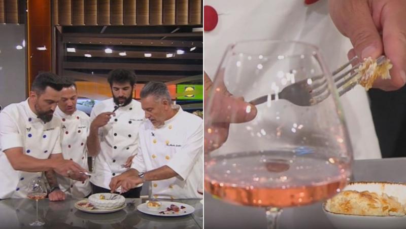 colaj jurații chefi la cuțite sezonul 16 și chef ștefan popescu tăind din plăcinta cu br&acirc;nză și stafide preparată de echipa verde av&acirc;nd l&acirc;ngă un pahar de murfatlar aerosoli vin roze
