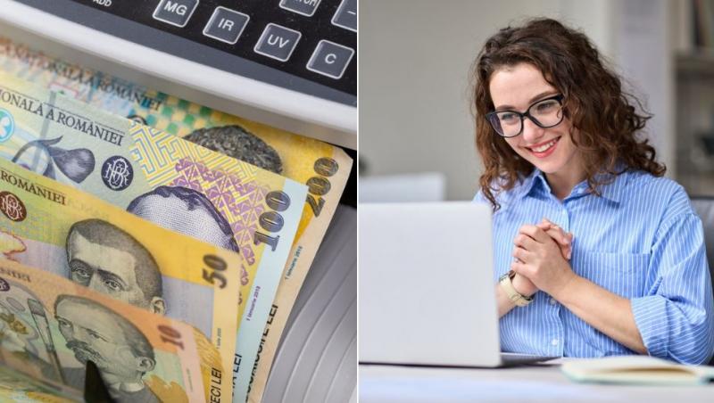 colaj bani &icirc;n mașina de numărat și t&acirc;nără cu ochelari &icirc;ntr-un call pe laptop